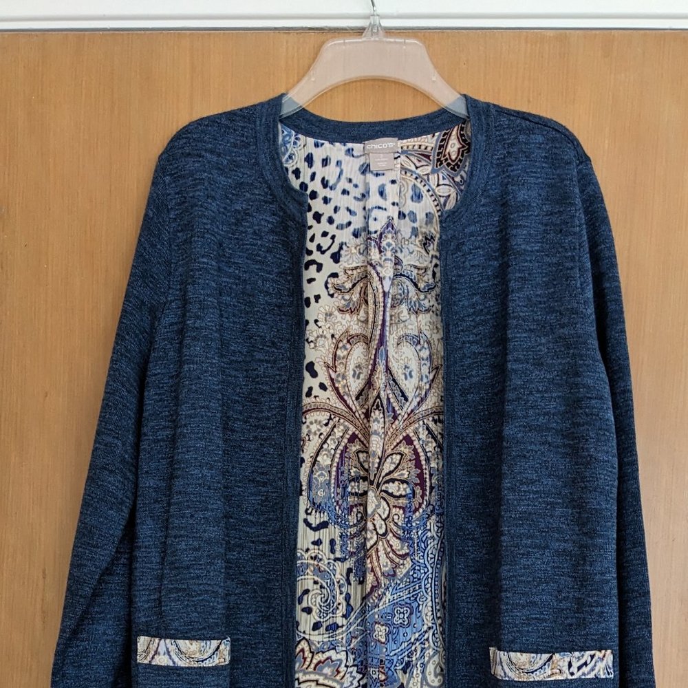 Chico's Size 2 heathered blue, cotton open-front duster with contrasting trim